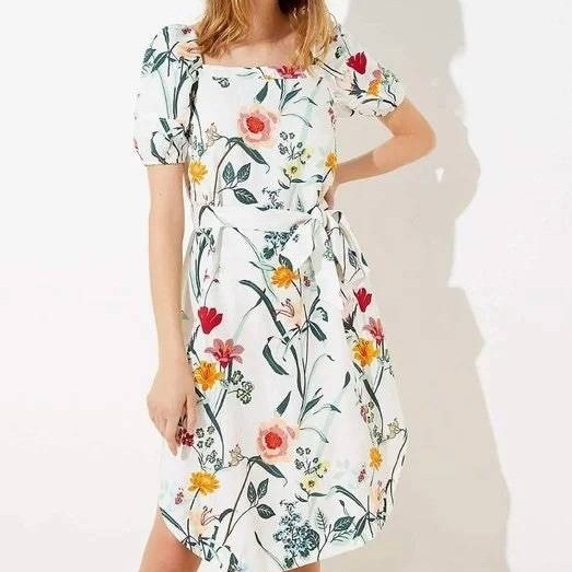 Loft A-Line Linen Blend Floral Cottagecore Belted Midi Dress Puff Sleeve Size 4